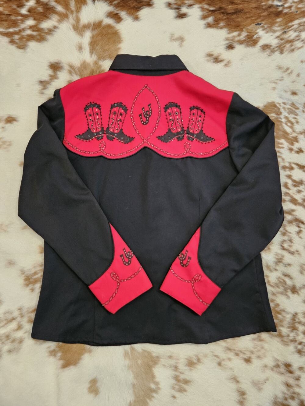 Scully Western Embroidered Cowboy Boot Snap Shirt Black Red Women's Size L